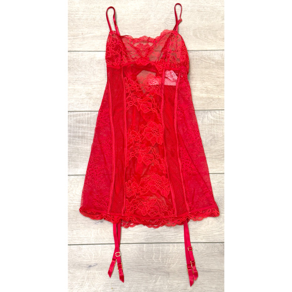 Victoria's Secret Other - NEW VICTORIA'S SECRET RED MIXED SHEER & LACE MINI SLIP DRESS GARTERS SIZE SMALL